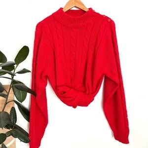 Vintage oversized cable Kni red mock neck sweater with button collar detail